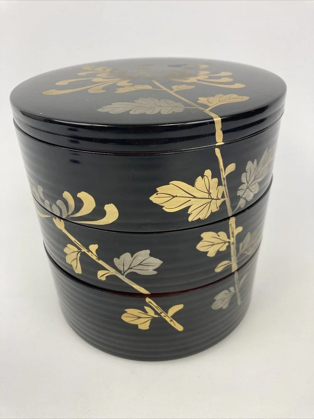VTG Japan Round 3 Tier Floral Black Laquerware Plastic Trinket Box Lined